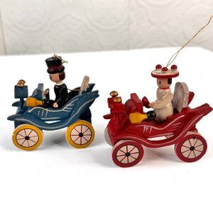 Vintage Christmas Ornament Woman & Man Driving Wooden Model T Car Blue Red